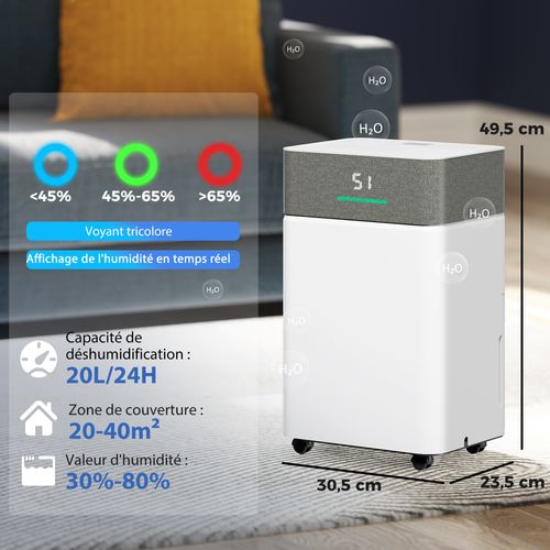 Déshumidificateur D'air 20l/jour Mobile Silencieux Réservoir 4,5l Timer 24h écran LED