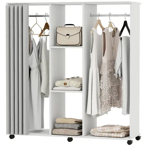 Armoire Penderie Mobile Sur Roulettes 2 Tringles 2 étagères Rideau