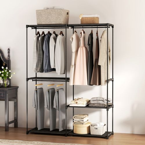 Armoire Penderie 3 Barres De Suspension 4 étagères Métal Pvc Non Tissé Noir