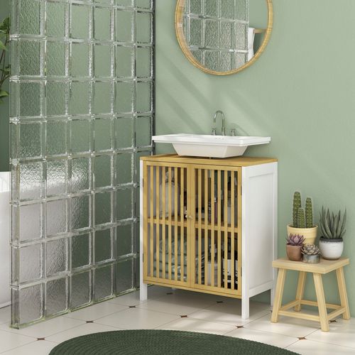 Meuble Sous-vasque 2 Portes étagère Bambou Verni Mdf
