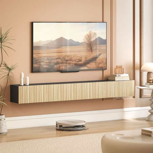 Meuble TV Suspendu Design Façade Effet Bois Cannelé 2 Portes
