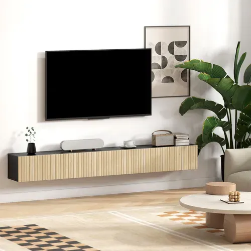Meuble TV Suspendu Design Façade Effet Bois Cannelé 2 Portes