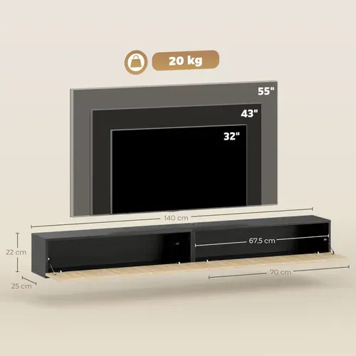Meuble TV Suspendu Design Façade Effet Bois Cannelé 2 Portes