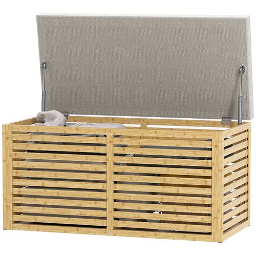 Banc Coffre Bambou En Lattes Avec Coussin Tissu Gris