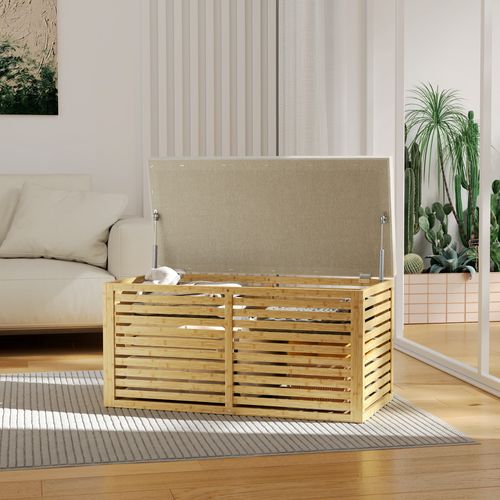 Banc Coffre Bambou En Lattes Avec Coussin Tissu Gris