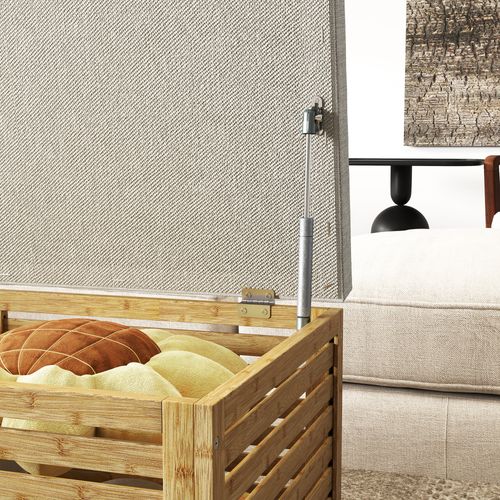 Banc Coffre Bambou En Lattes Avec Coussin Tissu Gris