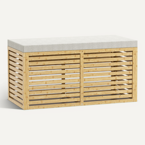 Banc Coffre Bambou En Lattes Avec Coussin Tissu Gris