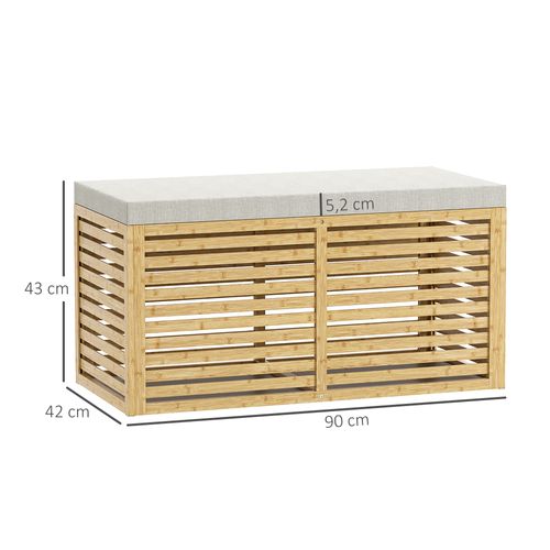 Banc Coffre Bambou En Lattes Avec Coussin Tissu Gris