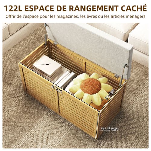 Banc Coffre Bambou En Lattes Avec Coussin Tissu Gris