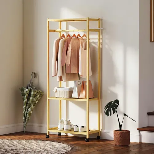 Portant à Vêtements Mobile Bois Bambou 2 étagères