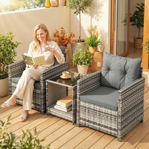 Salon De Jardin Extérieur 3 Pièces 2 Places Résine Tressée Gris Clair