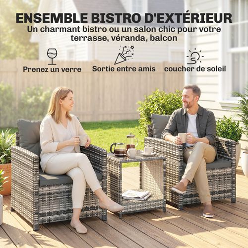Salon De Jardin Extérieur 3 Pièces 2 Places Résine Tressée Gris Clair