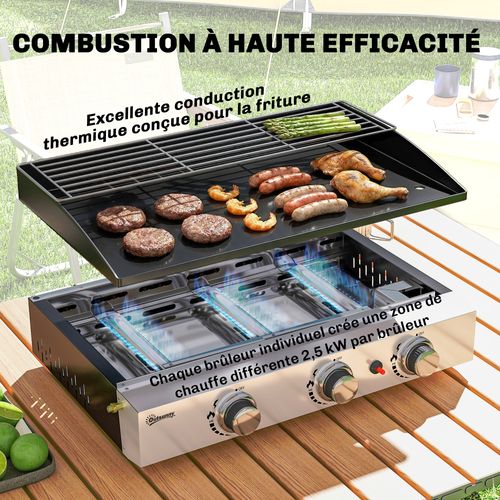 Plancha Gaz 3 Brûleurs Plaque émaillée Acier Inoxydable Noir