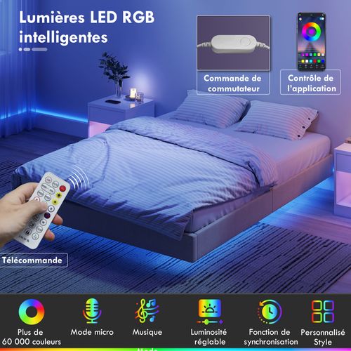 Cadre De Lit Flottant LED 140x190cm Sommier Intégré Revêtement Tissu Beige