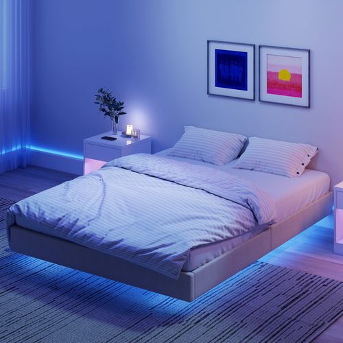 Cadre De Lit Flottant LED 140x190cm Sommier Intégré Revêtement Tissu Beige