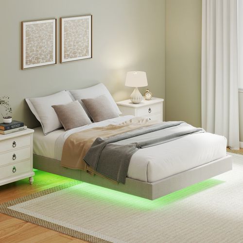Cadre De Lit Flottant LED 140x190cm Sommier Intégré Revêtement Tissu Beige