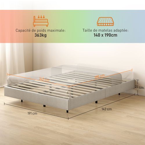 Cadre De Lit Flottant LED 140x190cm Sommier Intégré Revêtement Tissu Beige