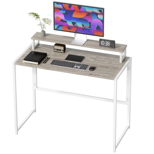 Bureau Pliable Support écran Intégré Acier Blanc Effet Bois Naturel