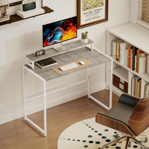 Bureau Pliable Support écran Intégré Acier Blanc Effet Bois Naturel