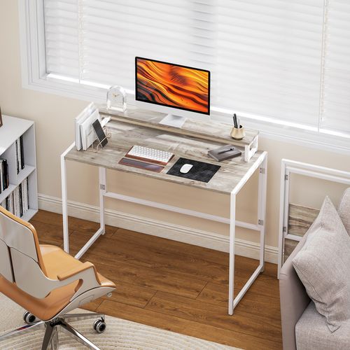Bureau Pliable Support écran Intégré Acier Blanc Effet Bois Naturel