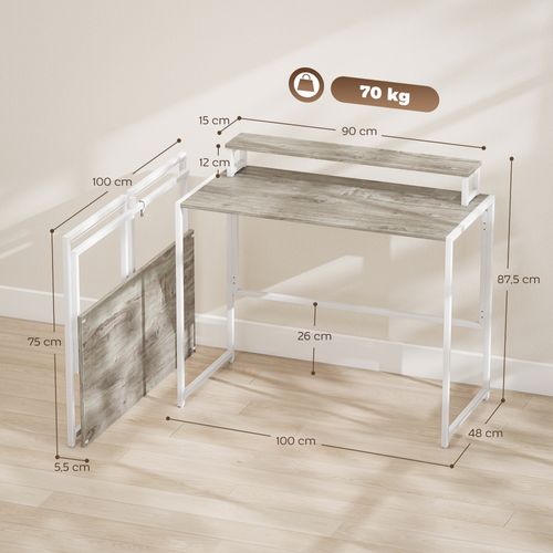 Bureau Pliable Support écran Intégré Acier Blanc Effet Bois Naturel