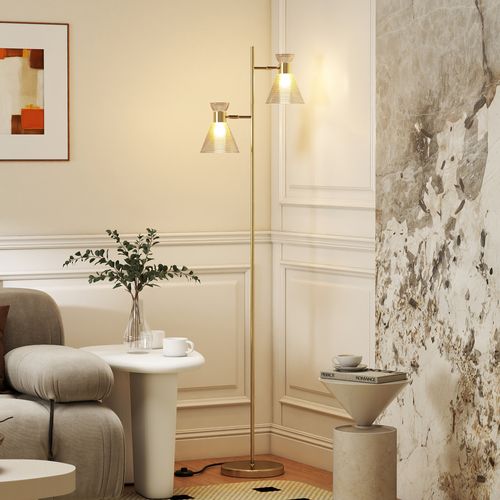 Lampadaire Sur Pied Design H.165cm Double Tête Réglable Verre Conique Métal Doré