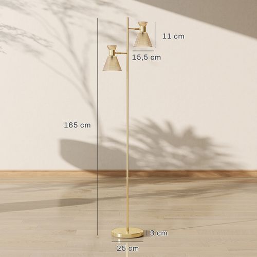 Lampadaire Sur Pied Design H.165cm Double Tête Réglable Verre Conique Métal Doré