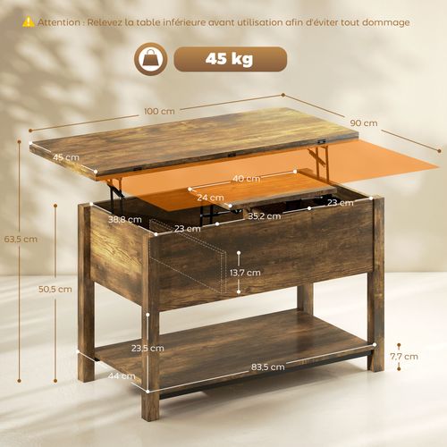 Table Basse Relevable Extensible Double Plateau Vérins Hydraulique Multi-rangement