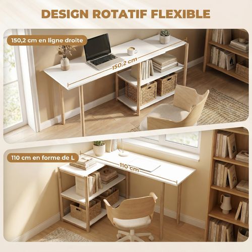 Bureau Design Naturel Bambou Blanc Modulable Angle Ou Droit