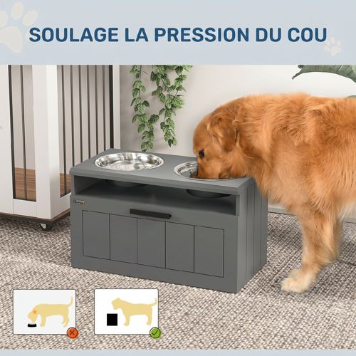 Porte-gamelles Double Surélevé Anti-glouton Tiroir Niche Gris