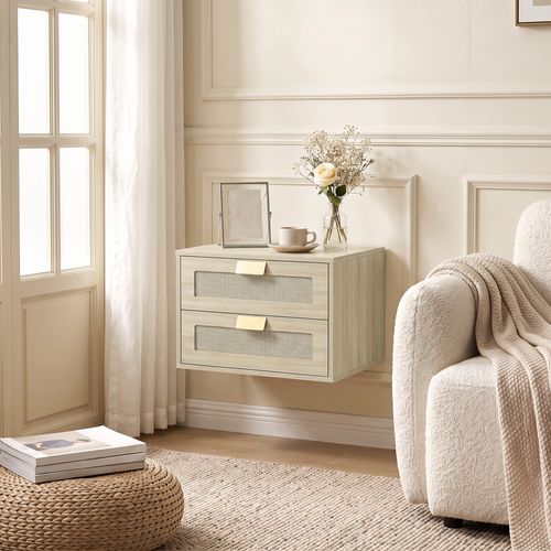 Lot De 2 Chevets Suspendus Style Bohème Chic Rotin Effet Bois