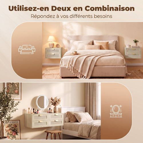 Lot De 2 Chevets Suspendus Style Bohème Chic Rotin Effet Bois