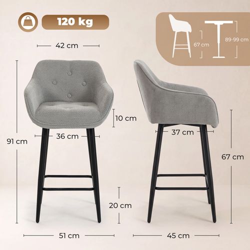 Lot De 2 Tabourets De Bar Design Chesterfield Tissu Gris
