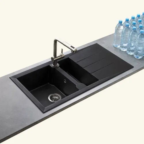 évier Résine Noir Moucheté Tunia 1 Bac Et Demi - 1 égouttoir