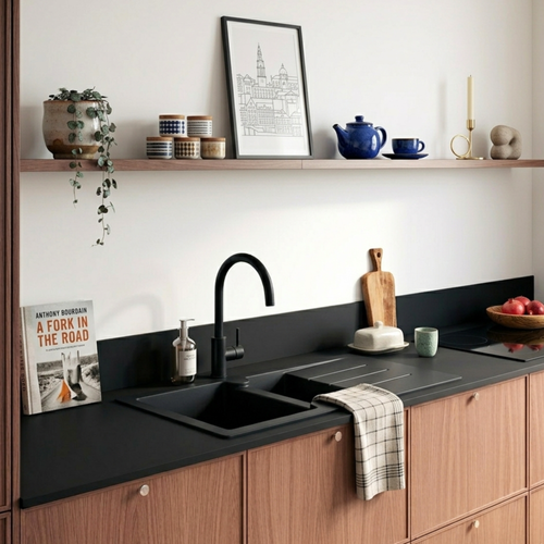 évier Résine Noir Moucheté Tunia 1 Bac Et Demi - 1 égouttoir