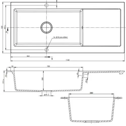 Évier Granit Noir Kümbad Yuna 1 Très Grand Bac - 1 Égouttoir