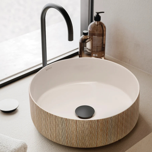 Vasque Ronde Salle De Bain Céramique Blanc à Poser 1 Bac 380x380 - Motif Bambou