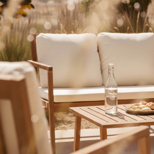 Salon De Terrasse Bois Avec 1 Canapé, 2 Fauteuils Et Table Basse Blanc