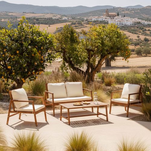 Salon De Terrasse Bois Avec 1 Canapé, 2 Fauteuils Et Table Basse Blanc