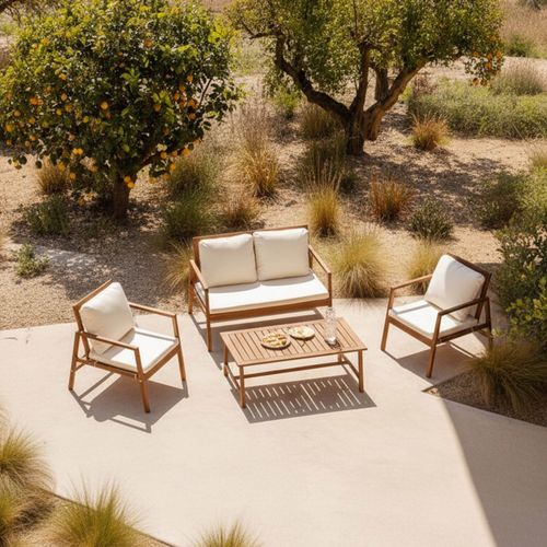 Salon De Terrasse Bois Avec 1 Canapé, 2 Fauteuils Et Table Basse Blanc