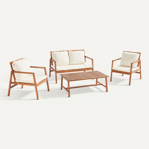 Salon De Terrasse Bois Avec 1 Canapé, 2 Fauteuils Et Table Basse Blanc