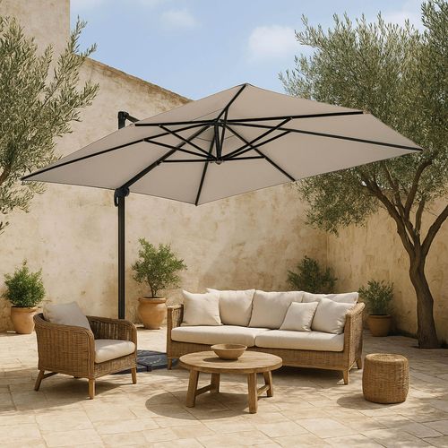 Parasol Déporté 3x4m Blanc Inclinable Rotatif + 4 Dalles Lestées Caserta