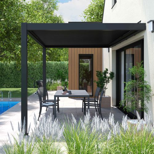 Pergola Bioclimatique Adossée Gris 3x4m Et 3 Stores Oia