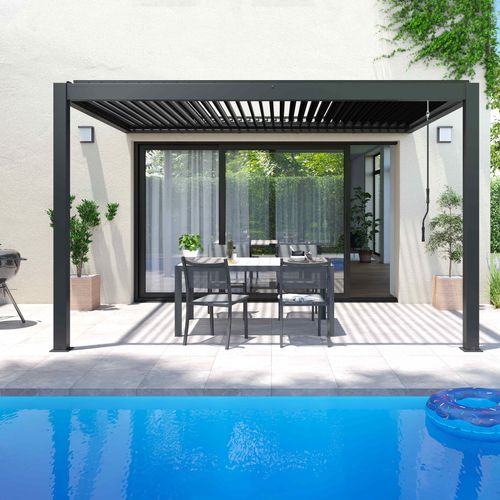 Pergola Bioclimatique Adossée Gris 3x4m Et 3 Stores Oia