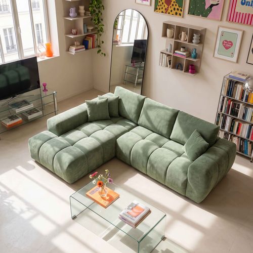 Canapé D'angle Gauche  3 Places Avec Méridienne Vert L 270 Cm  Tissu Bubble