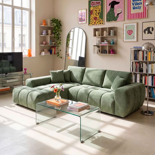 Canapé D'angle Gauche  3 Places Avec Méridienne Vert L 270 Cm  Tissu Bubble