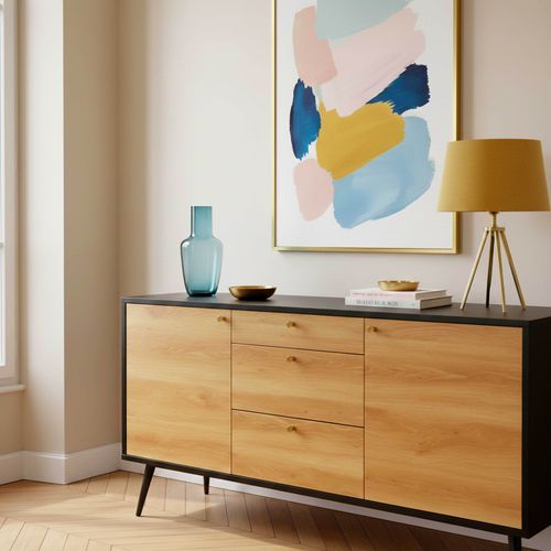 Buffet Scandinave Effet Bois Clair 2 Portes 3 Tiroirs 150 Cm Noir