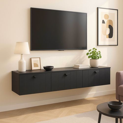 Meuble TV Suspendu 200 Cm Moderne Noir Holly