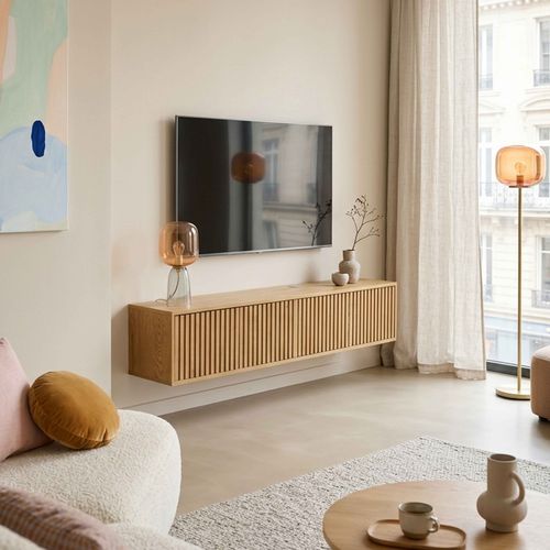 Meuble TV Suspendu 160 Cm Scandinave Bois Clair Ivy