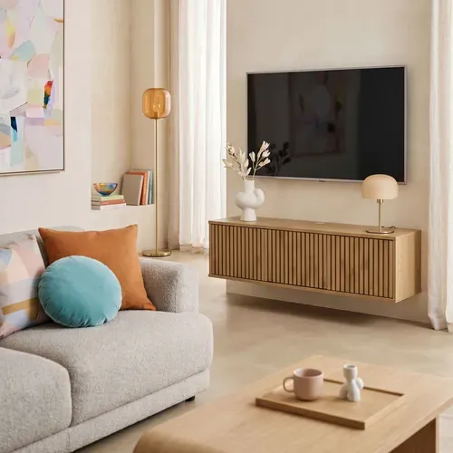 Meuble TV Suspendu 120 Cm Scandinave Bois Clair Ivy